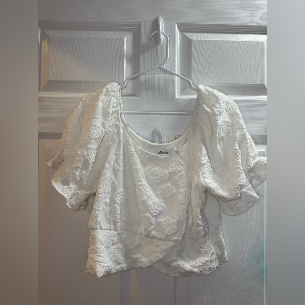 Textured Puff-Sleeve Ivory Crop Top